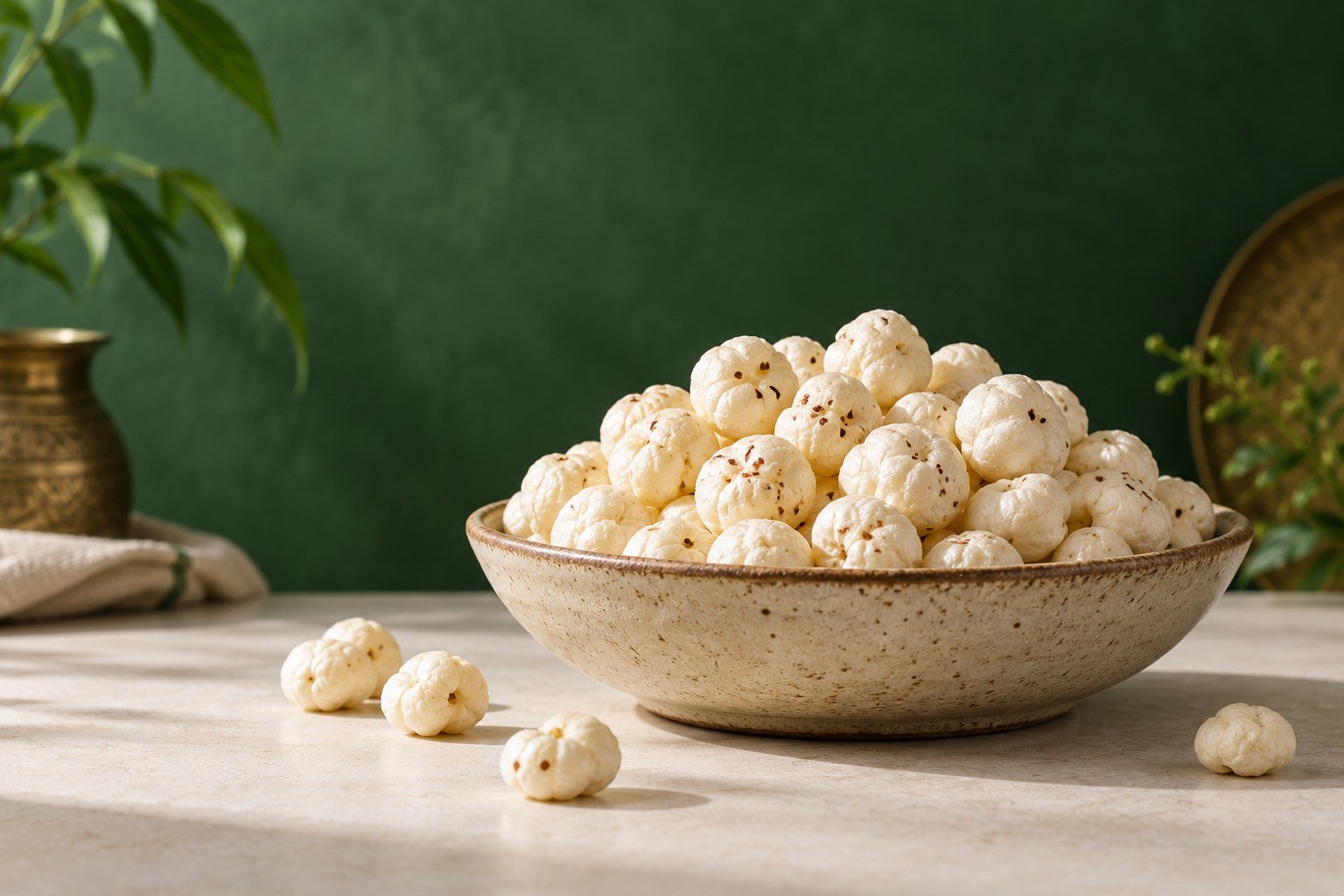 Popped makhana in a ceramic bowl